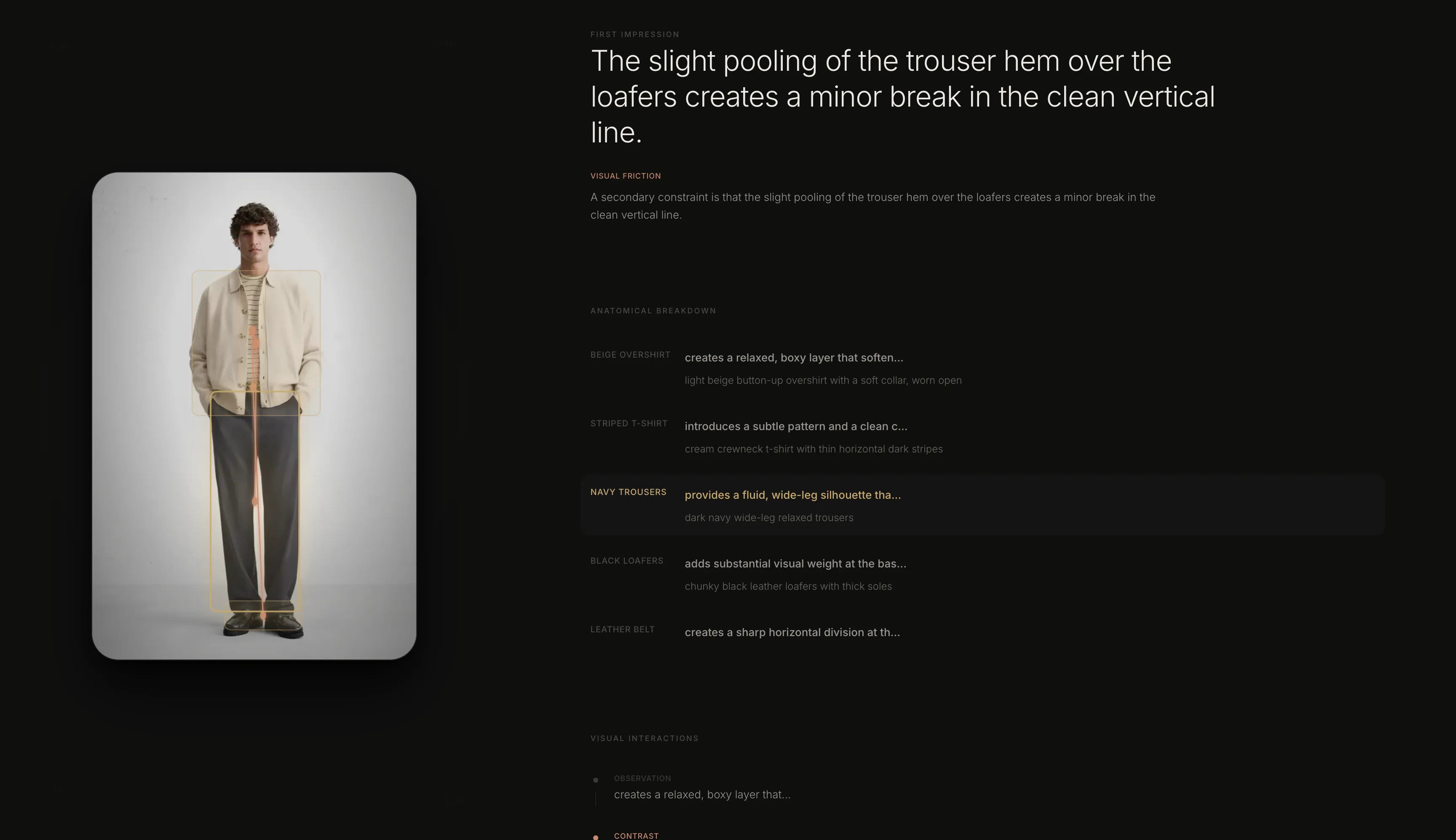 Oqel report interface showing visual grounding and a structured outfit analysis